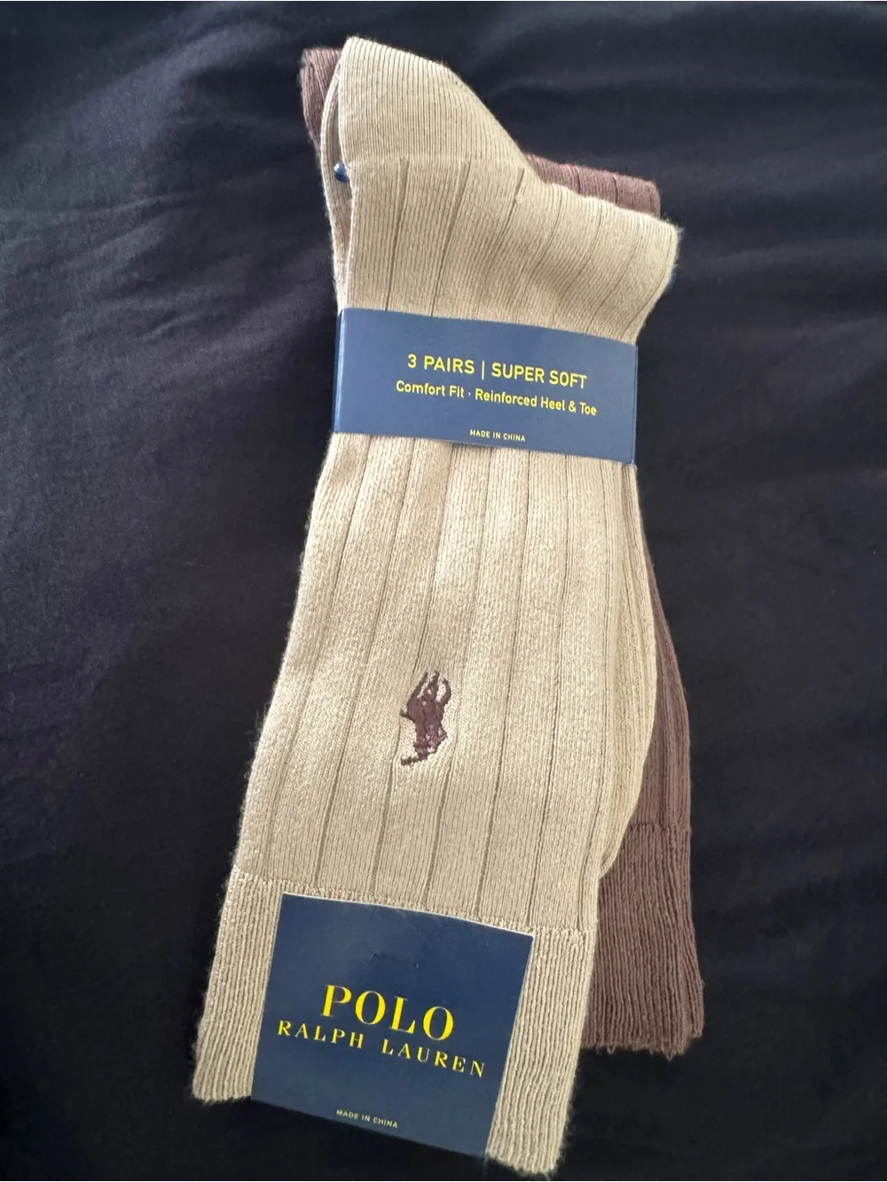 Polo by Ralph Lauren Ribbed Crew Socks in Tan and Brown - 3 Pairs Brand New